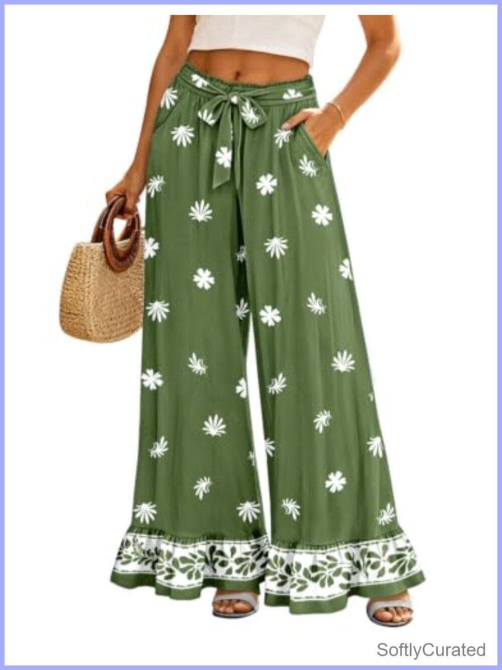 Wide Leg Palazzo Pants Ruffle Hem Drawstring Elastic Waist Summer Trousers